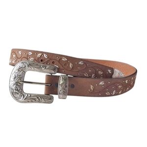 3D Ladies Silver Stud and Embroidered Leaf Embellished Leather Western Belt 36